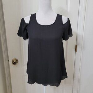 IZ Byer Size XS Black Cold Shoulder Scalloped Trim Blouse, Exc. Used Condition